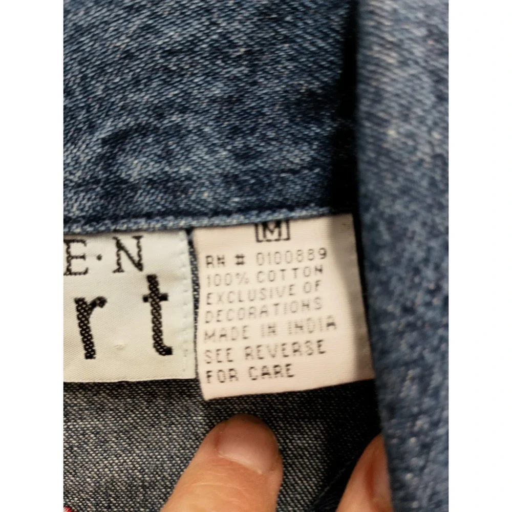 VTG 90s Keren Hart  Denim Jacket Womens Medium Blue Red Hat Embroidered Artsy